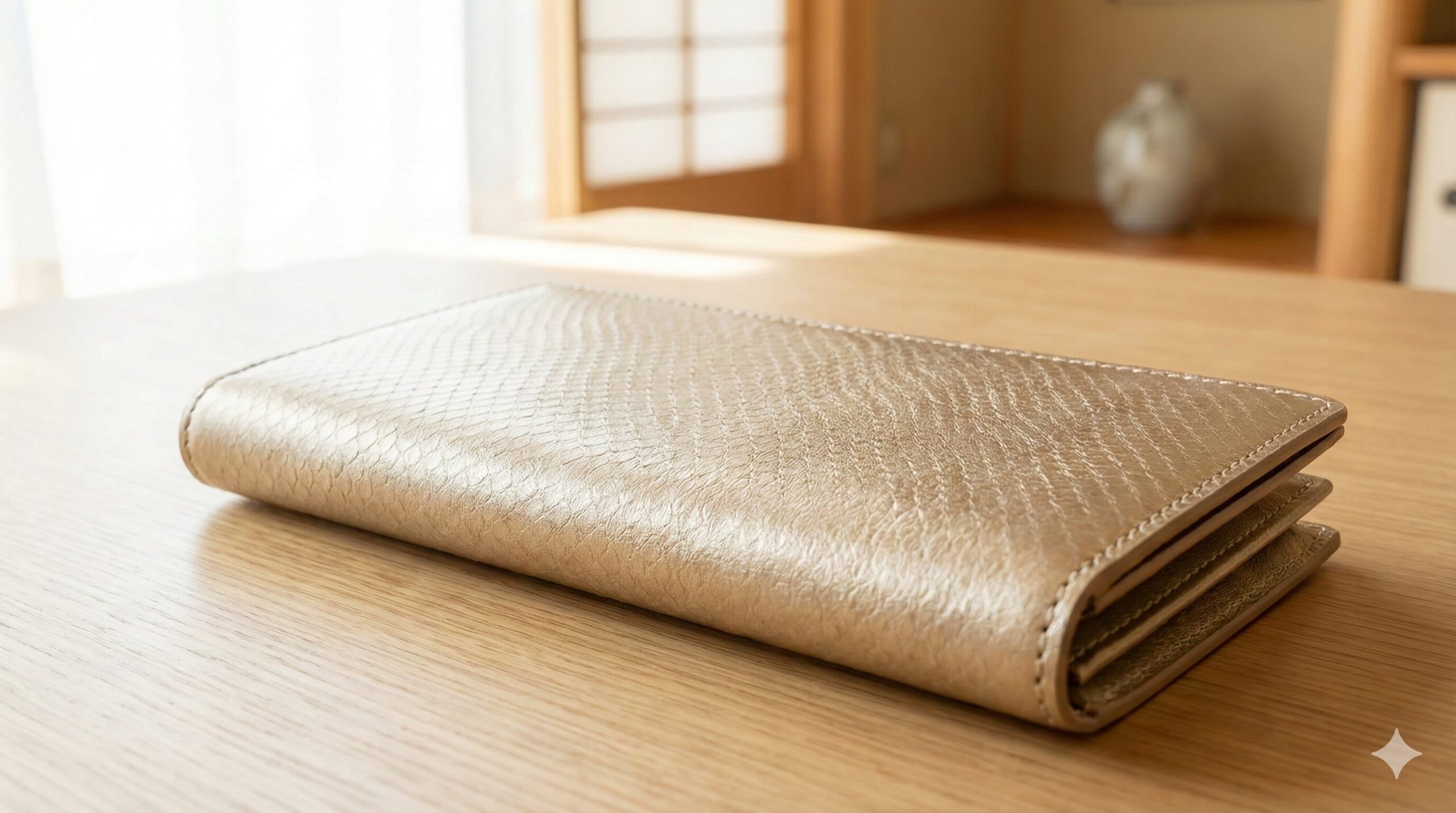 記事冒頭の「安っぽい財布」という懸念を払拭するため、革の質感や厚み、光沢を強調し、「本物」であることを視覚的に伝えます。